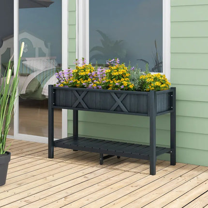Poly Wood Elevated Planter Box with Legs Storage Shelf Drainage Holes-Black - Black - Raised Garden Beds