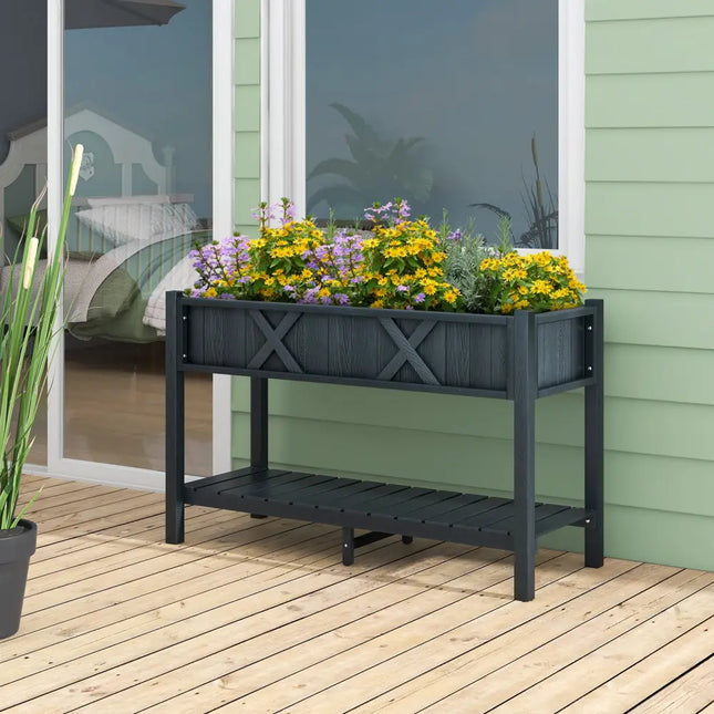 Poly Wood Elevated Planter Box with Legs Storage Shelf Drainage Holes-Black - Black - Raised Garden Beds