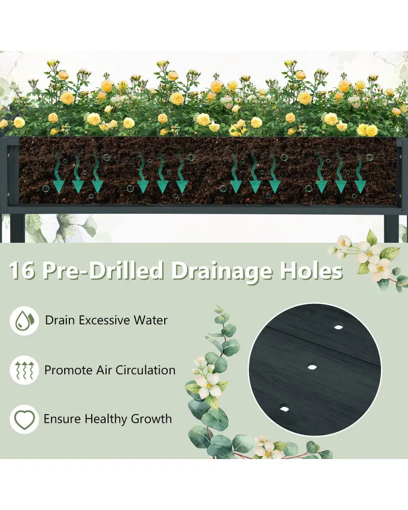 Poly Wood Elevated Planter Box with Legs Storage Shelf Drainage Holes-Black - Black - Raised Garden Beds