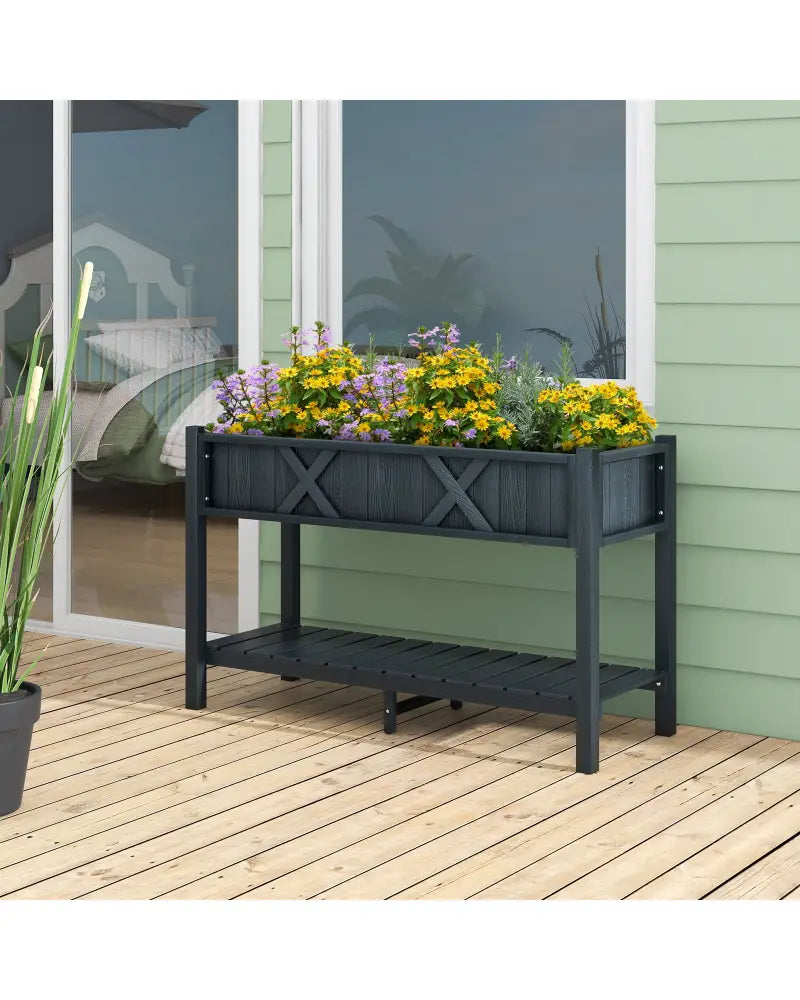 Poly Wood Elevated Planter Box with Legs Storage Shelf Drainage Holes-Black - Black - Raised Garden Beds