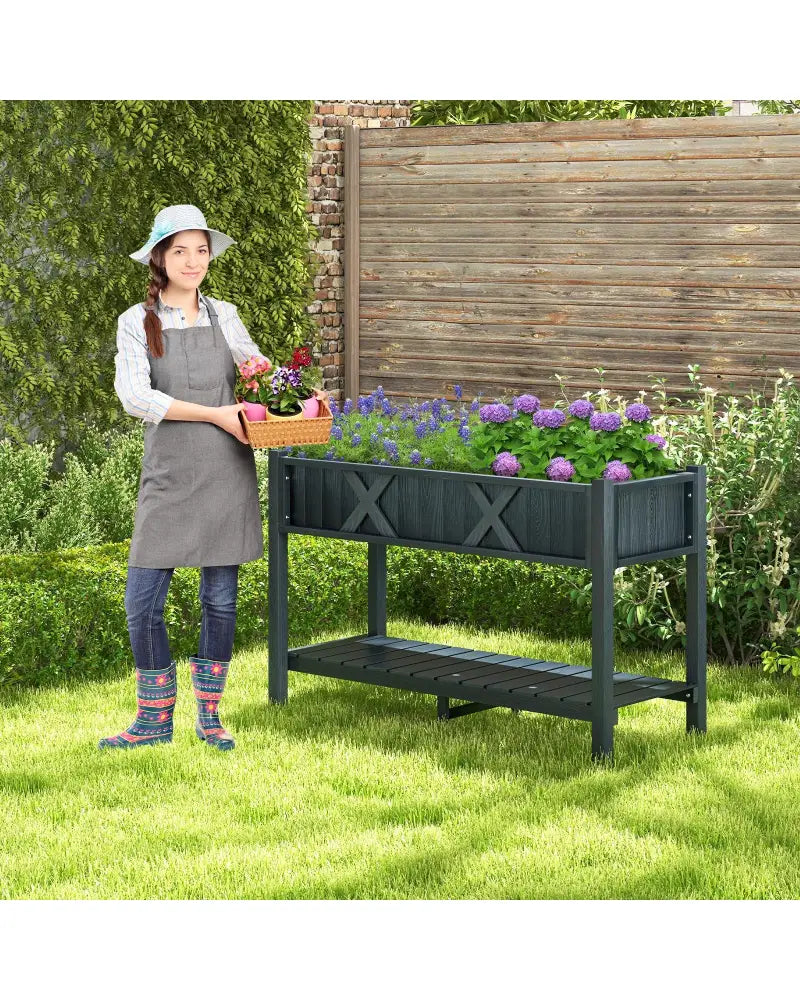 Poly Wood Elevated Planter Box with Legs Storage Shelf Drainage Holes-Black - Black - Raised Garden Beds