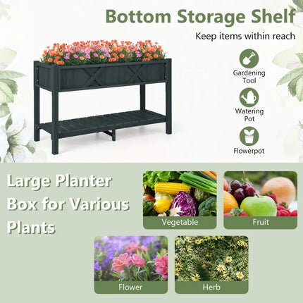 Poly Wood Elevated Planter Box with Legs Storage Shelf Drainage Holes-Black - Black - Raised Garden Beds