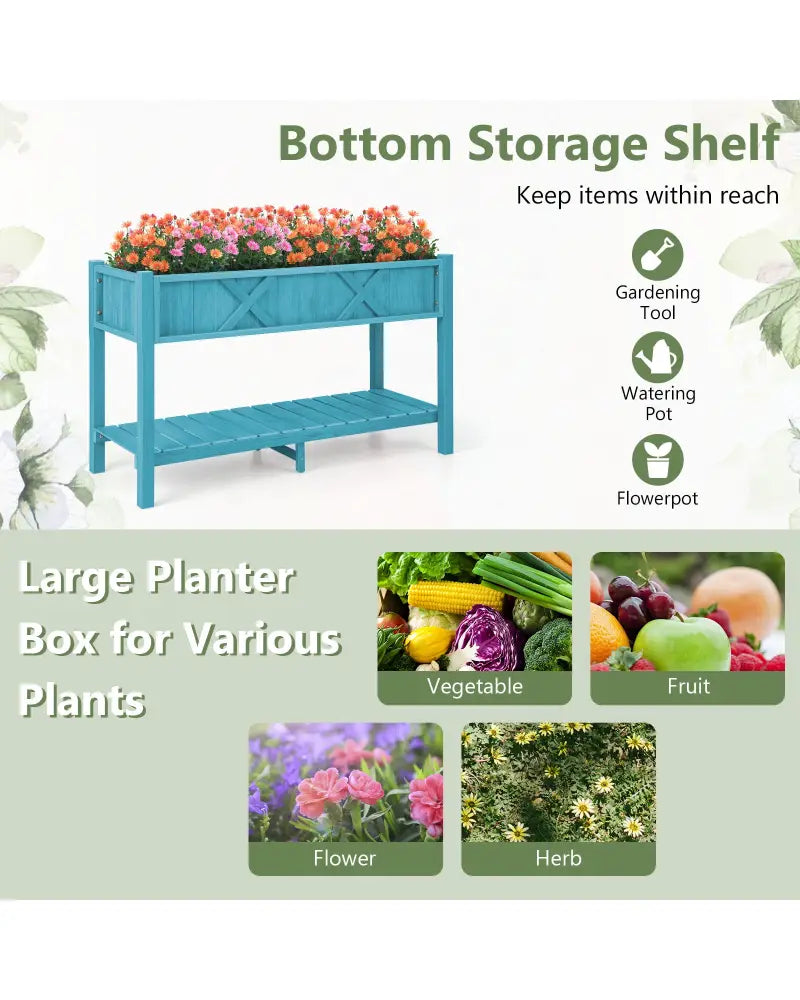 Poly Wood Elevated Planter Box with Legs Storage Shelf Drainage Holes-Blue - Blue - Raised Garden Beds