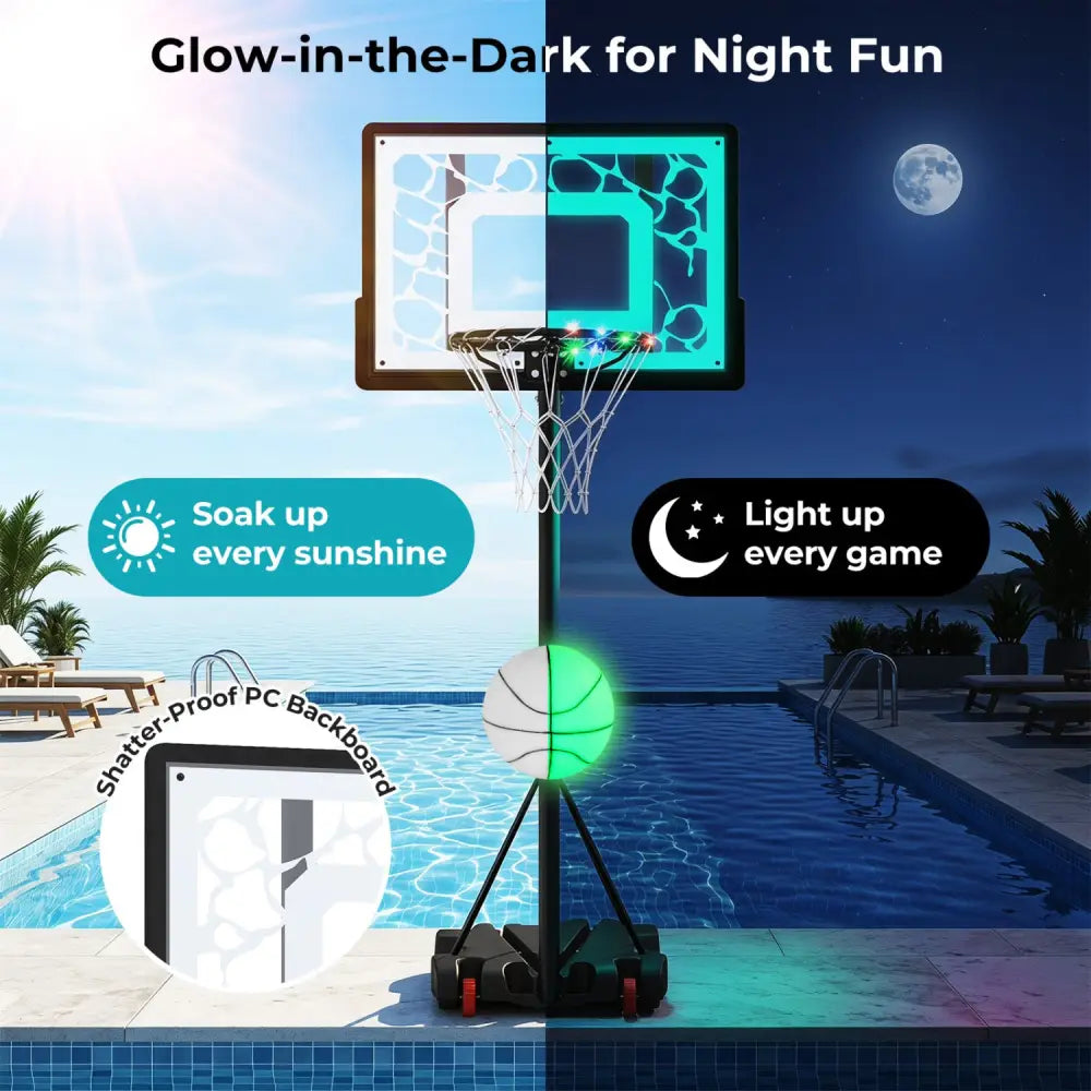 Pool Basketball Hoop with LED for Driveway Poolside Night Training - Sport Equipments