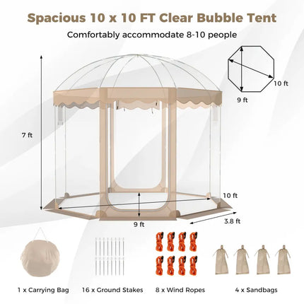 Pop Up Bubble Tent 10x10 FT for 8-10 People Weatherproof Pod with 540° Panoramic Clear PVC - Tents