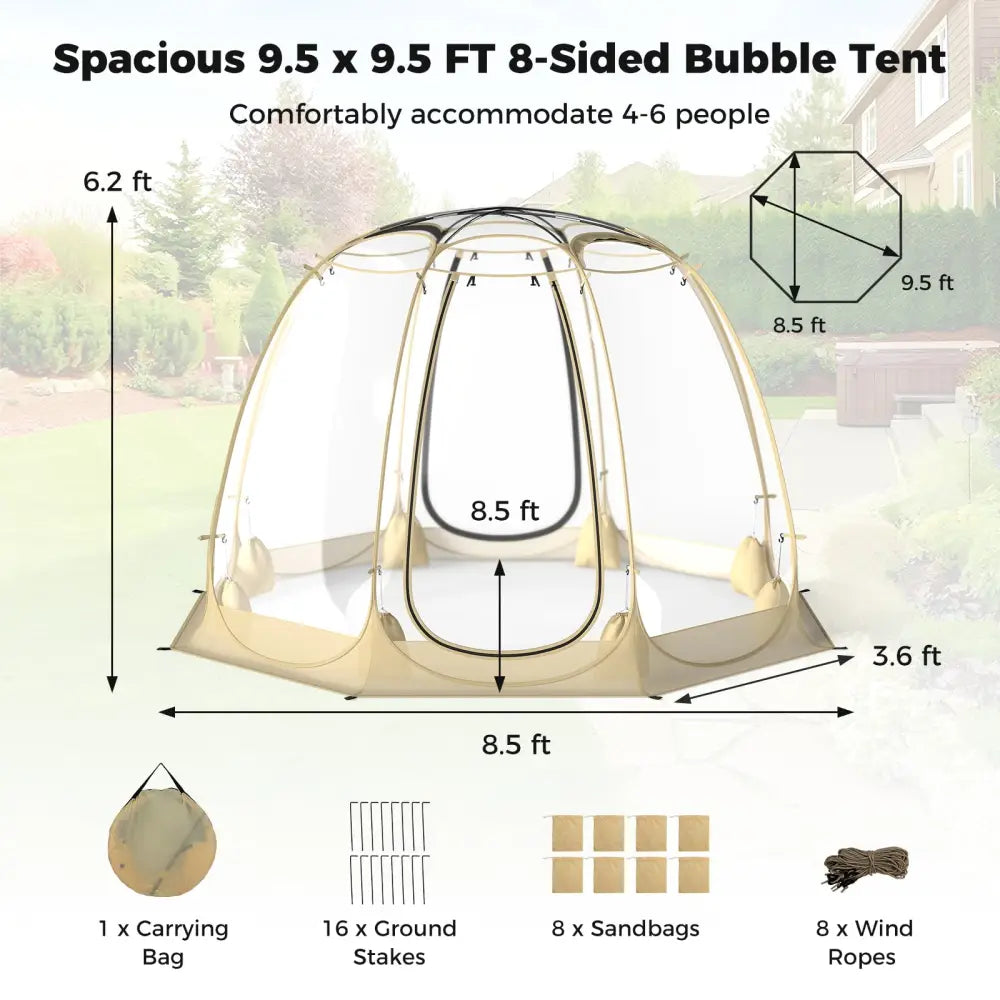 Pop Up Bubble Tent 630° Transparent PVC Igloo 8.5 x 8.5 FT Instant Setup Screen House for 5-6 People-Beige - Beige