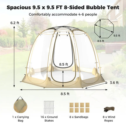 Pop Up Bubble Tent 630° Transparent PVC Igloo 8.5 x 8.5 FT Instant Setup Screen House for 5-6 People-Beige - Beige
