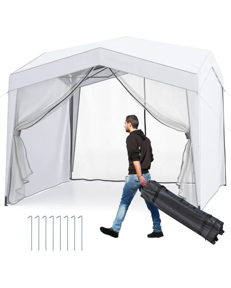 Pop up Canopy Tent wiht 4 Sidewalls Mesh Netting Wheeled Bag-White - White - Canopies