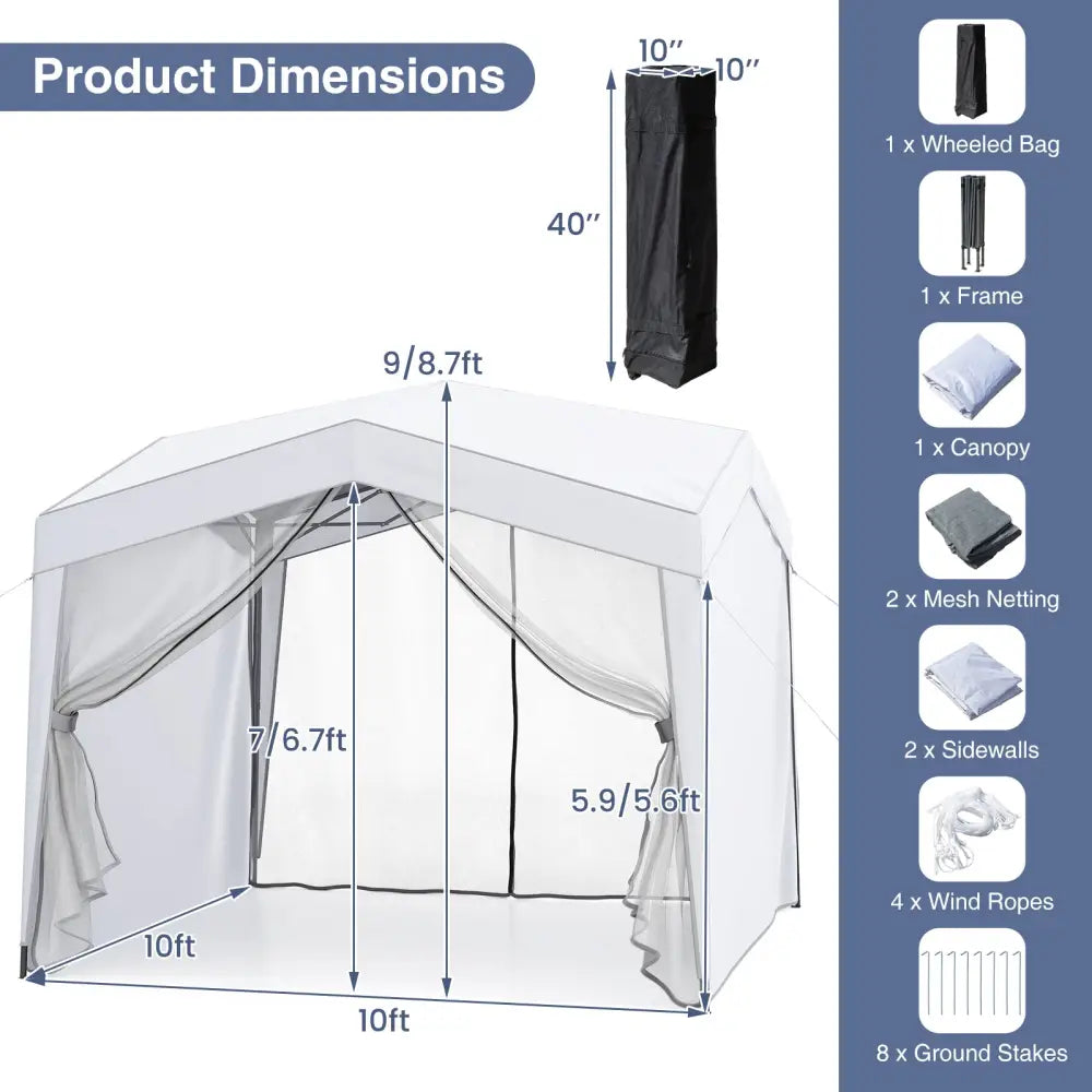 Pop up Canopy Tent wiht 4 Sidewalls Mesh Netting Wheeled Bag-White - White - Canopies