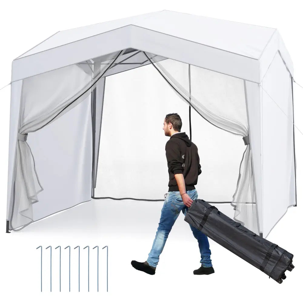 Pop up Canopy Tent wiht 4 Sidewalls Mesh Netting Wheeled Bag-White - White - Canopies