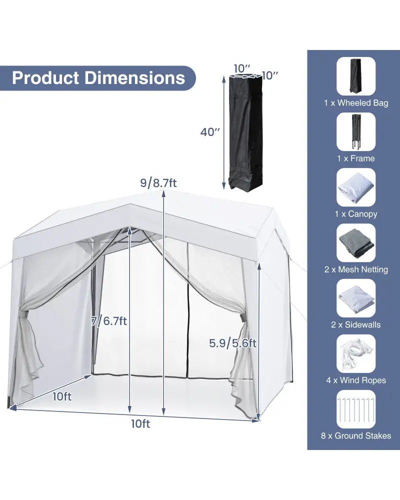 Pop up Canopy Tent wiht 4 Sidewalls Mesh Netting Wheeled Bag-White - White - Canopies