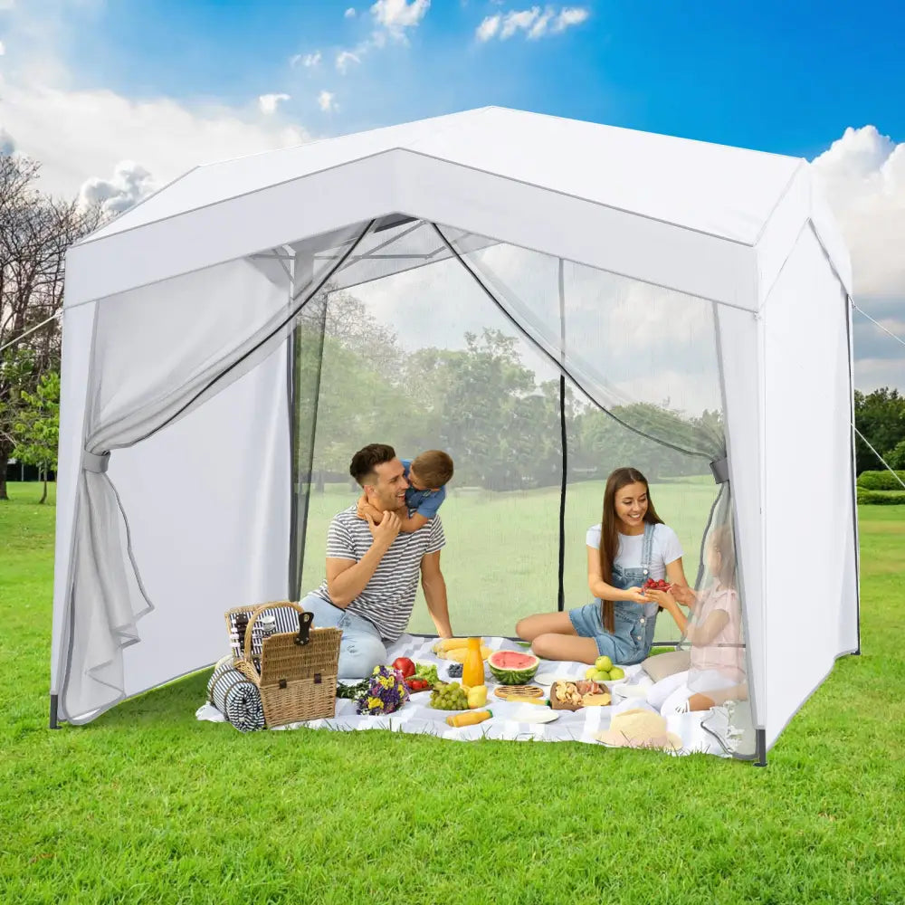 Pop up Canopy Tent wiht 4 Sidewalls Mesh Netting Wheeled Bag-White - White - Canopies