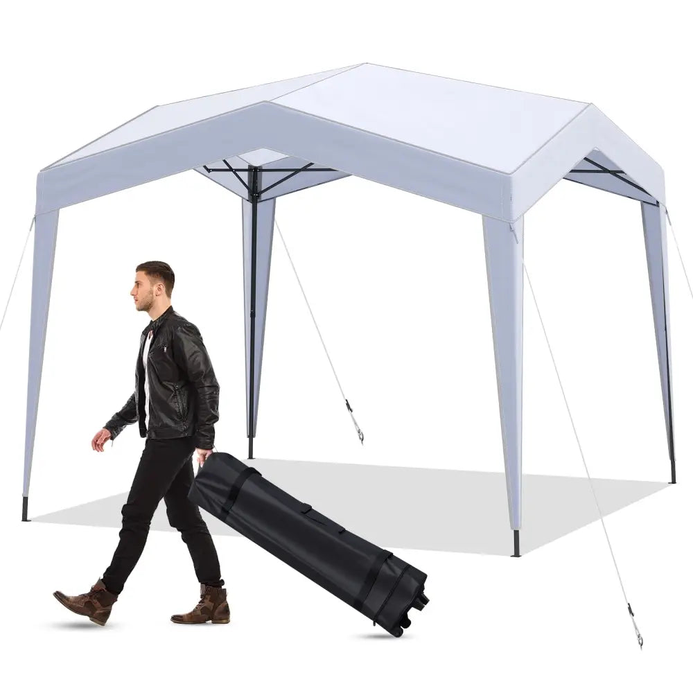 Pop up Canopy Tent with Portable Wheeled Bag 8 Stakes 4 Wind Ropes-White - White - Canopies