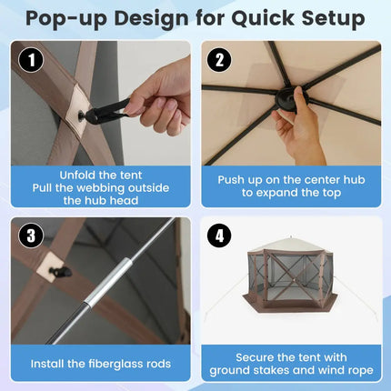 Pop-up Gazebo 6-sided Instant Setup Screen House Hub Tent with Mesh Netting Walls-Coffee - Coffee - Gazebos