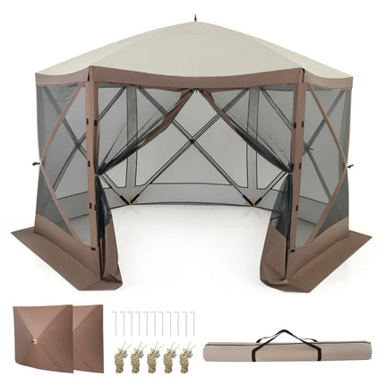 Pop-up Gazebo 6-sided Instant Setup Screen House Hub Tent with Mesh Netting Walls-Coffee - Coffee - Gazebos