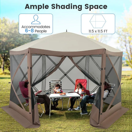 Pop-up Gazebo 6-sided Instant Setup Screen House Hub Tent with Mesh Netting Walls-Coffee - Coffee - Gazebos