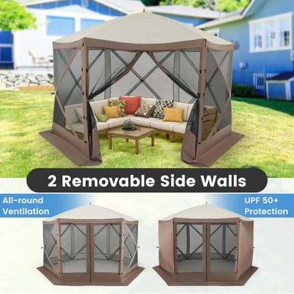 Pop-up Gazebo 6-sided Instant Setup Screen House Hub Tent with Mesh Netting Walls-Coffee - Coffee - Gazebos