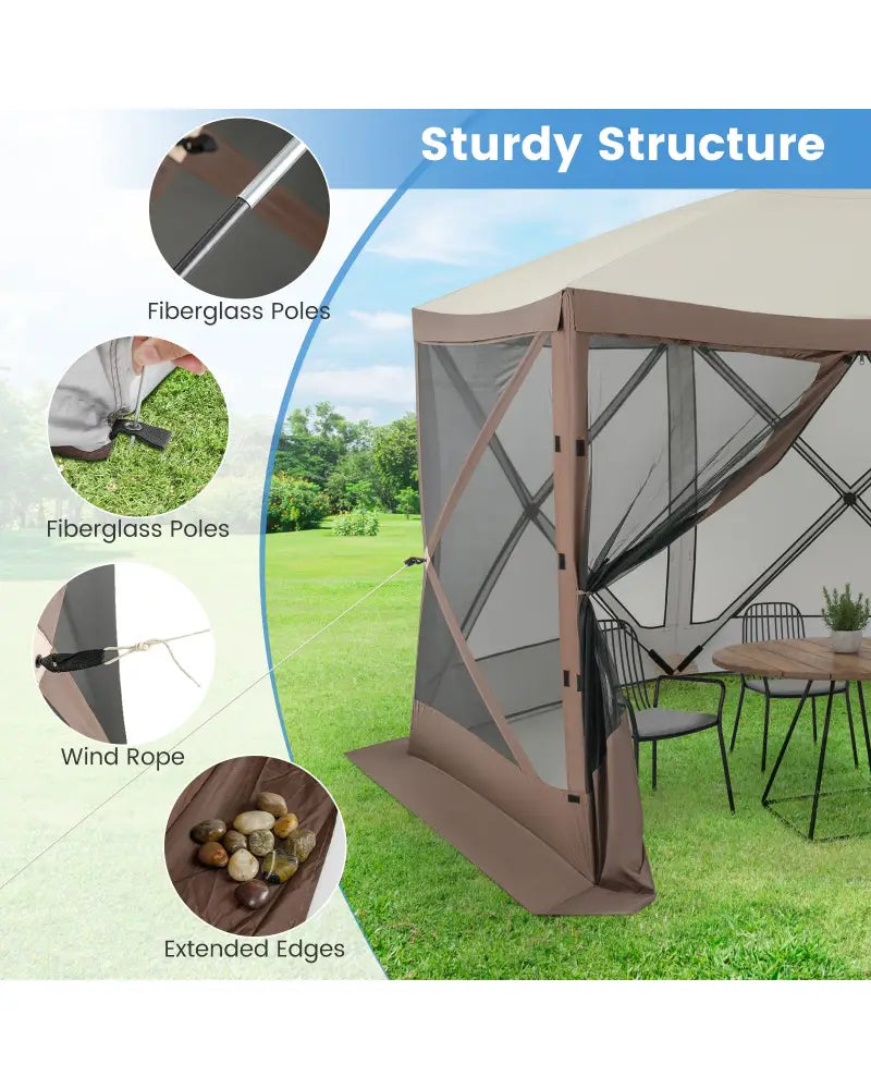 Pop-up Gazebo 6-sided Instant Setup Screen House Hub Tent with Mesh Netting Walls-Coffee - Coffee - Gazebos