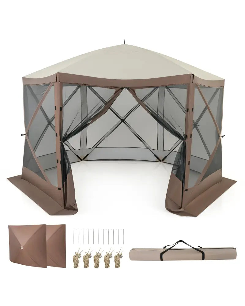 Pop-up Gazebo 6-sided Instant Setup Screen House Hub Tent with Mesh Netting Walls-Coffee - Coffee - Gazebos