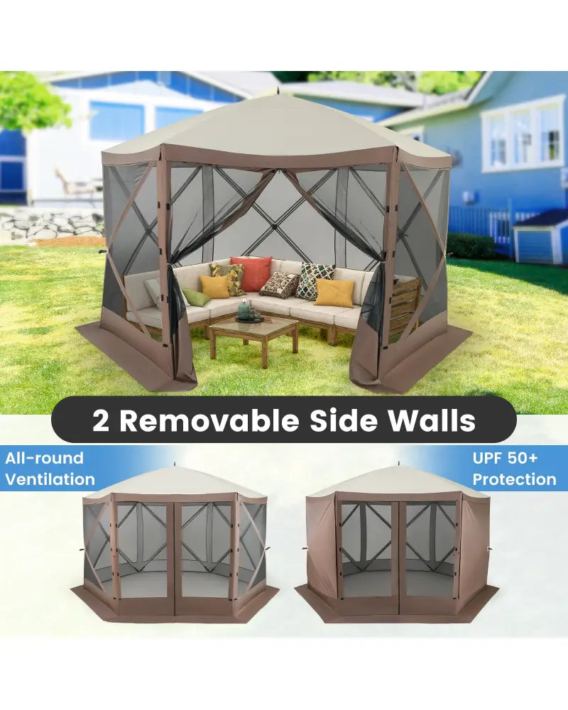 Pop-up Gazebo 6-sided Instant Setup Screen House Hub Tent with Mesh Netting Walls-Coffee - Coffee - Gazebos