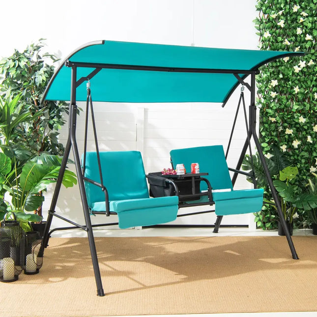 Porch Swing Chair with Adjustable Canopy-Turquoise - Turquoise - Porch Swings