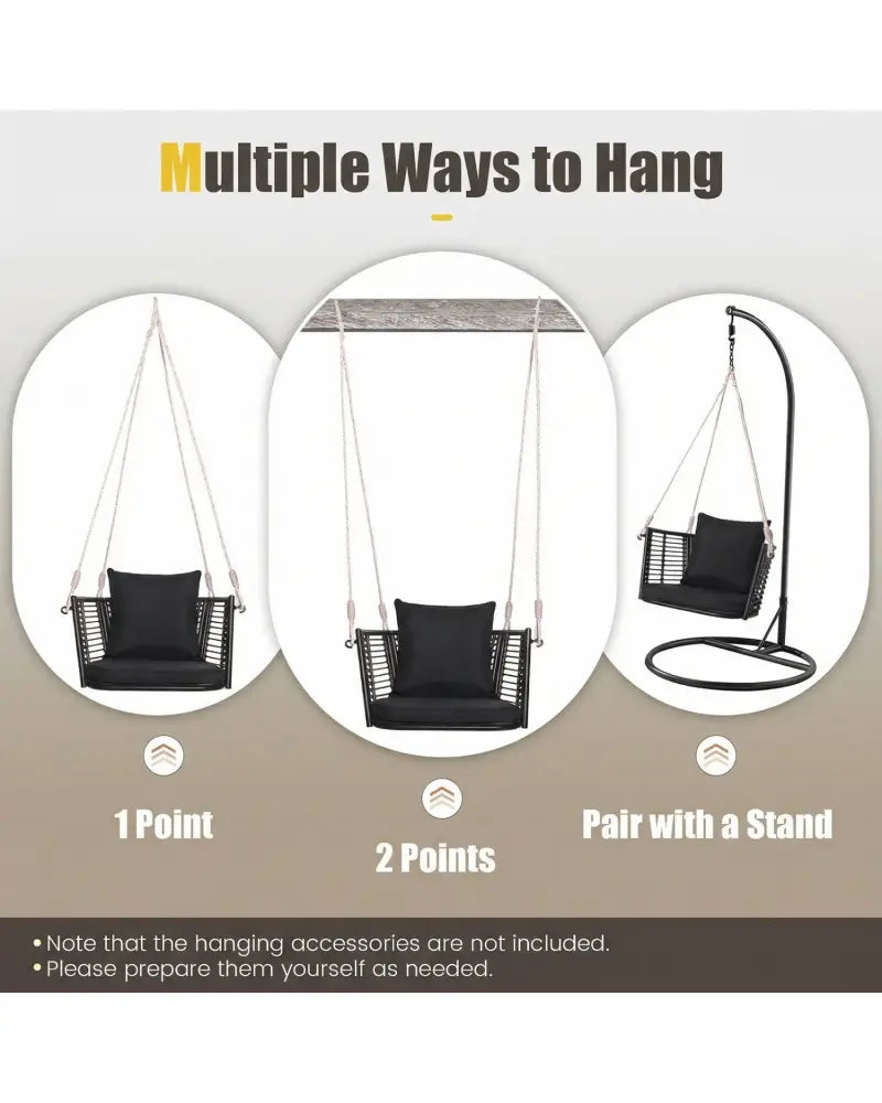 Porch Swing Patio Hanging Rattan Chair with Zippered Cushions and Rope-Black - Black - Porch Swings
