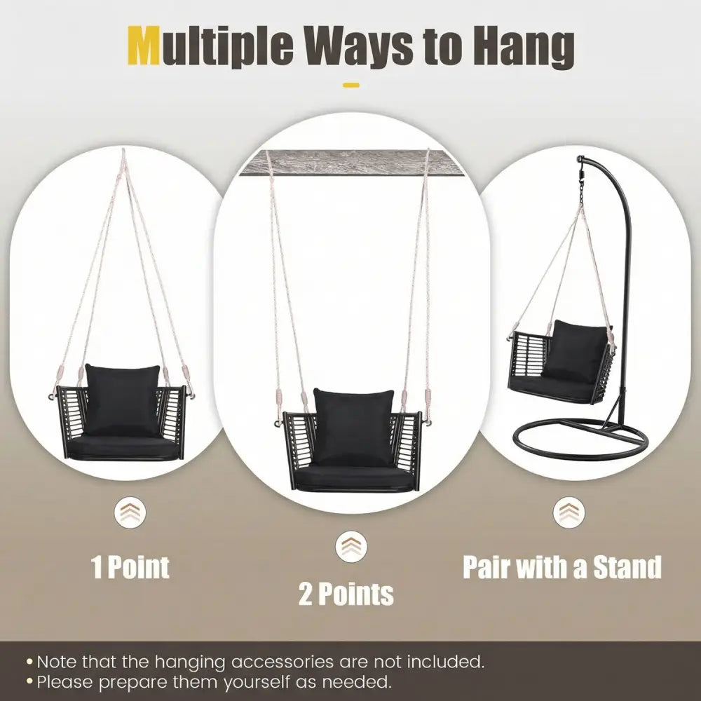 Porch Swing Patio Hanging Rattan Chair with Zippered Cushions and Rope-Black - Black - Porch Swings