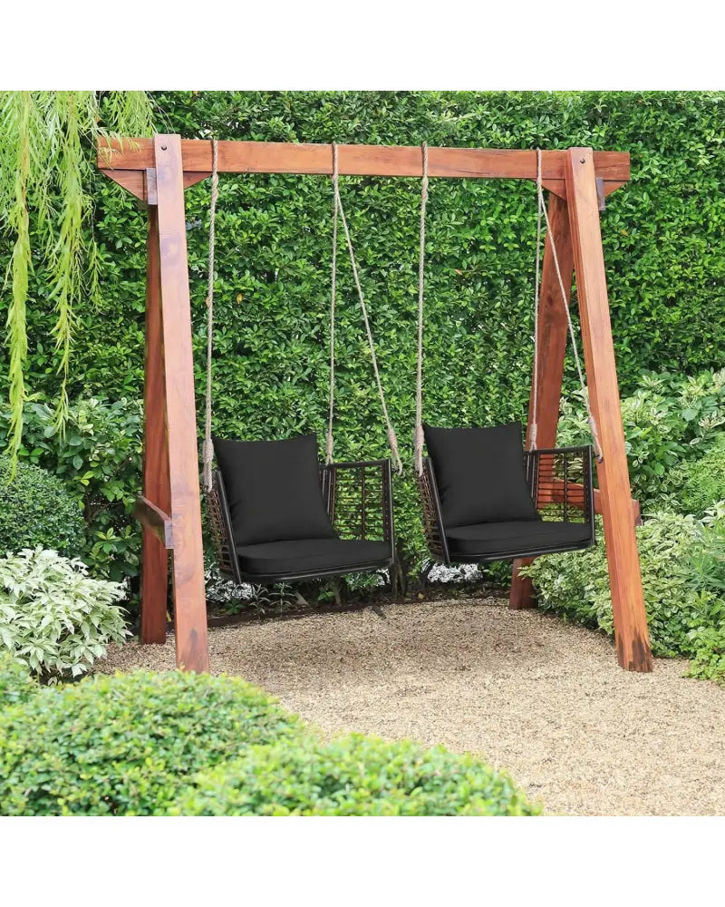 Porch Swing Patio Hanging Rattan Chair with Zippered Cushions and Rope-Black - Black - Porch Swings