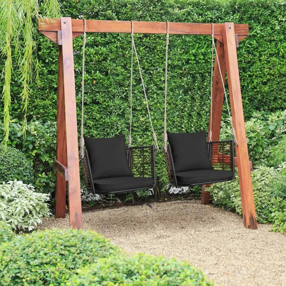 Porch Swing Patio Hanging Rattan Chair with Zippered Cushions and Rope-Black - Black - Porch Swings