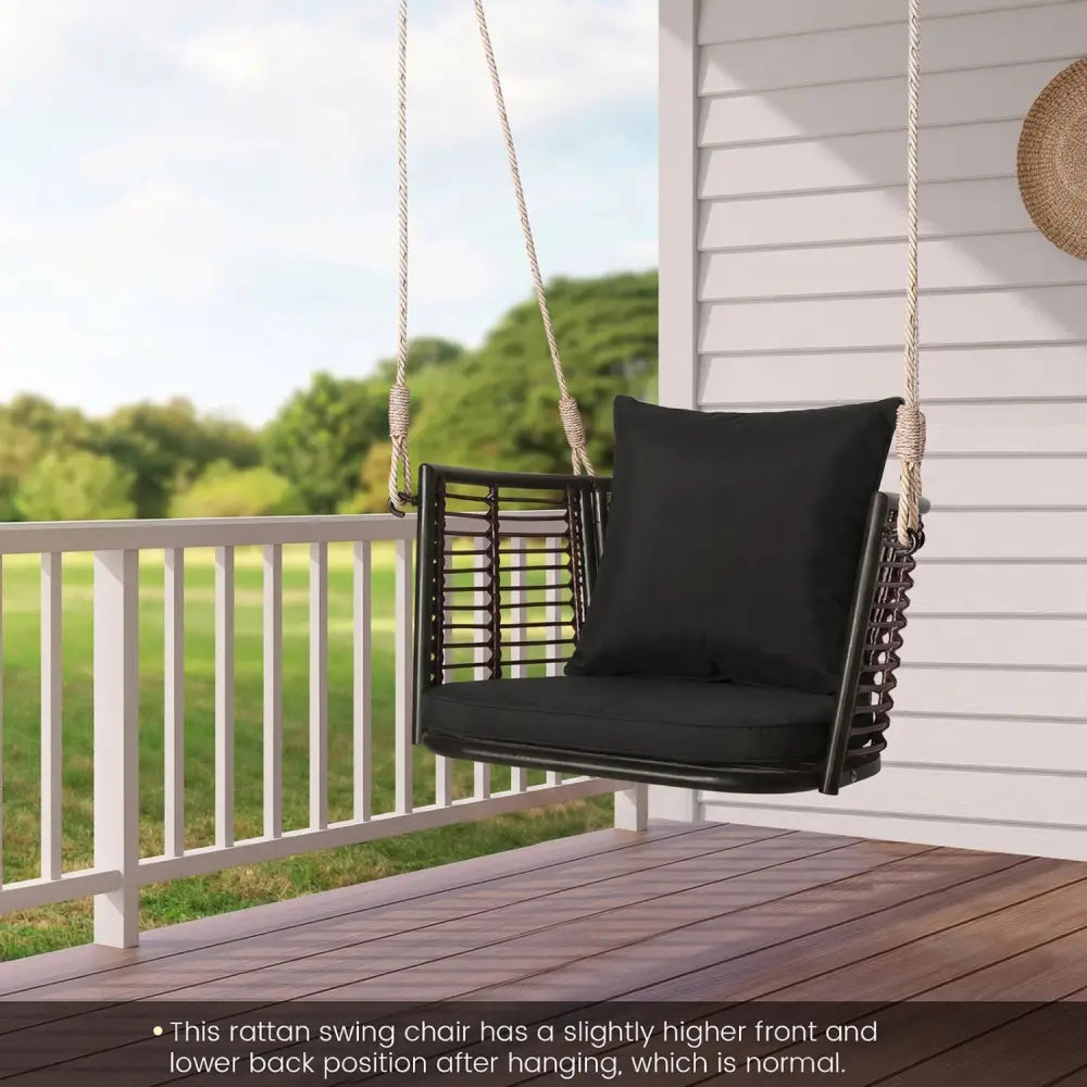 Porch Swing Patio Hanging Rattan Chair with Zippered Cushions and Rope-Black - Black - Porch Swings