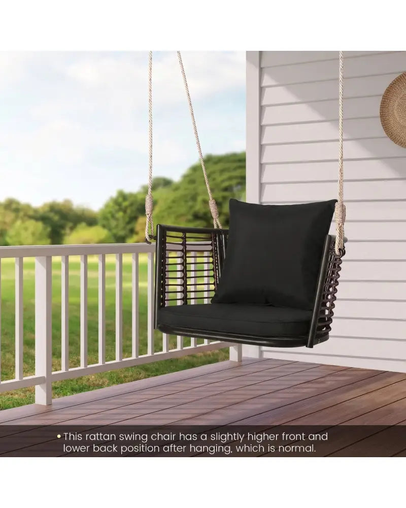 Porch Swing Patio Hanging Rattan Chair with Zippered Cushions and Rope-Black - Black - Porch Swings