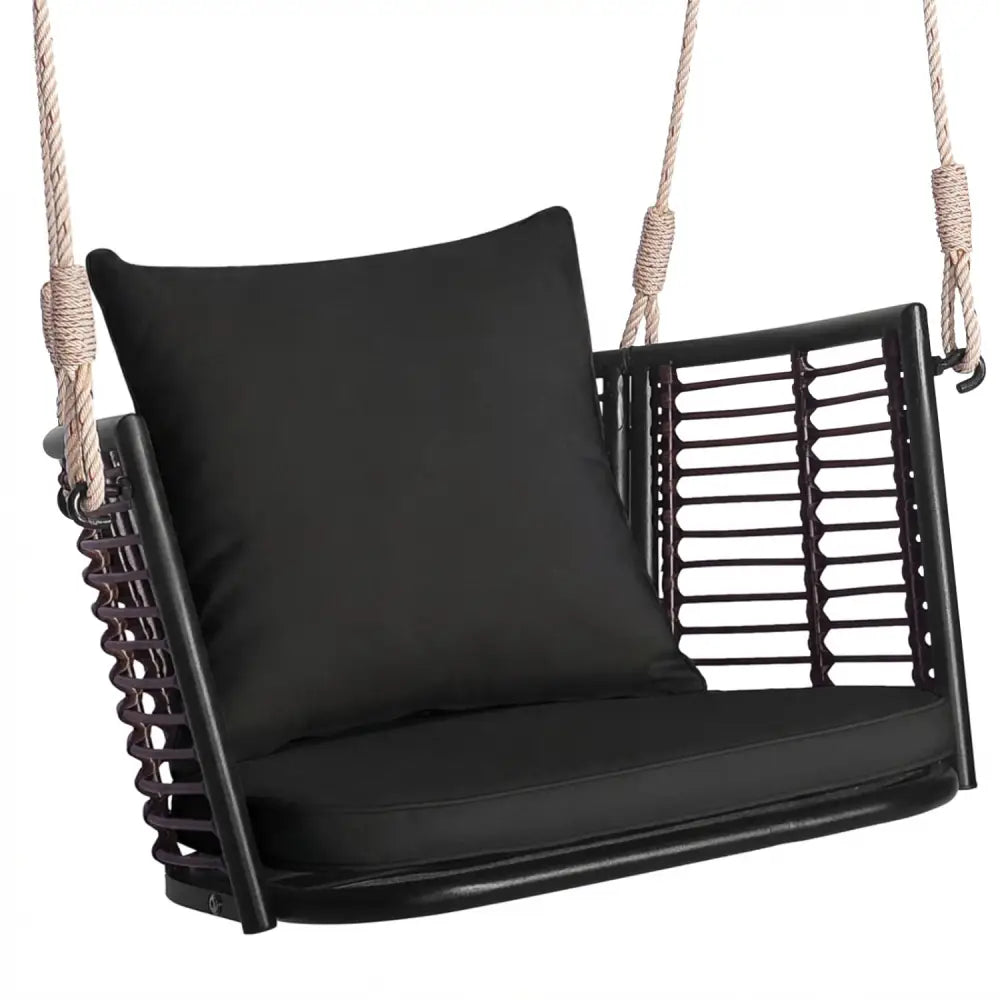 Porch Swing Patio Hanging Rattan Chair with Zippered Cushions and Rope-Black - Black - Porch Swings