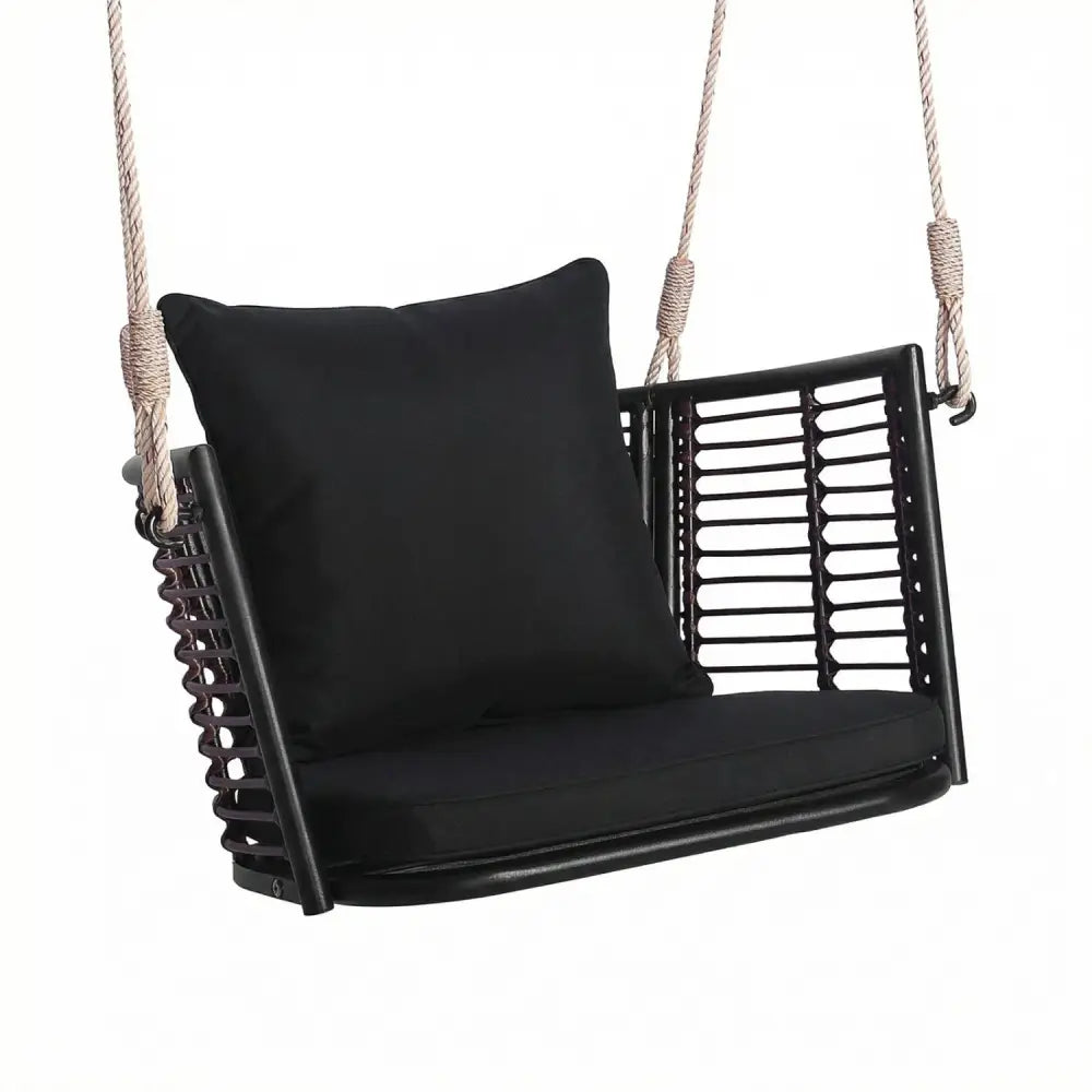Porch Swing Patio Hanging Rattan Chair with Zippered Cushions and Rope-Black - Black - Porch Swings