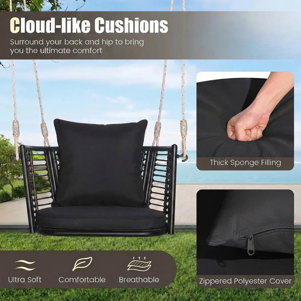 Porch Swing Patio Hanging Rattan Chair with Zippered Cushions and Rope-Black - Black - Porch Swings