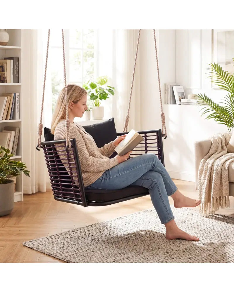 Porch Swing Patio Hanging Rattan Chair with Zippered Cushions and Rope-Black - Black - Porch Swings