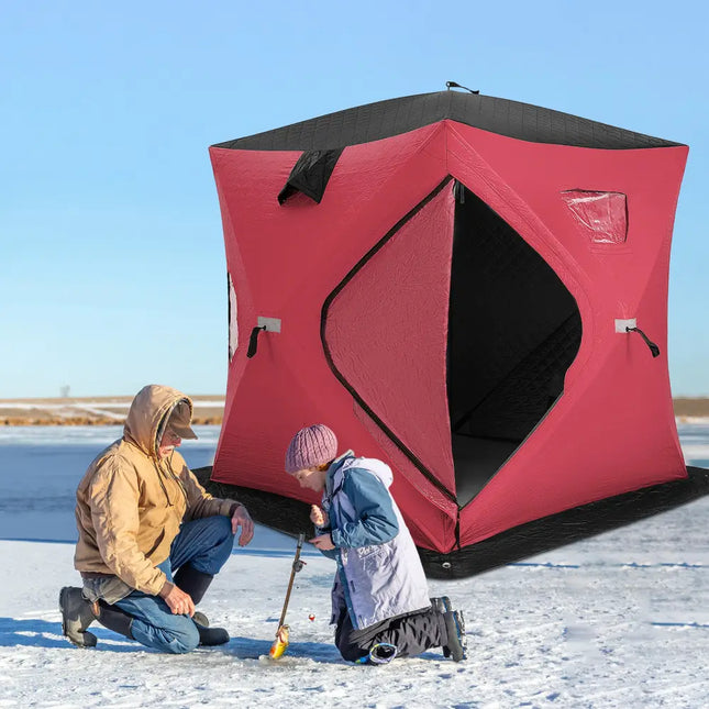 Portable 2 Person Ice Shanty with Cotton Padded Walls-Red - Red - Tents