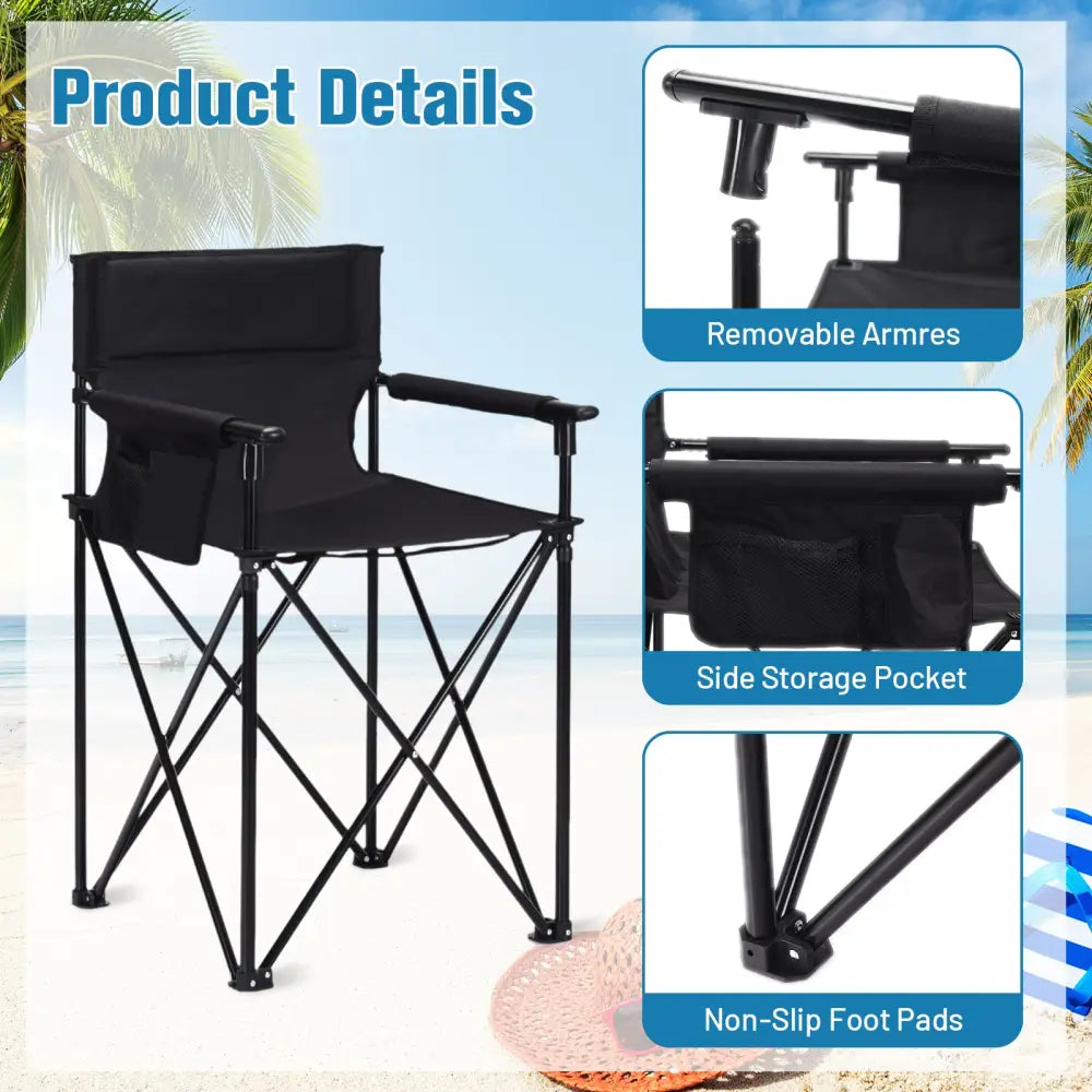 Portable 38 Inch Oversized High Camping Fishing Folding Chair - Black - Camping Furniture