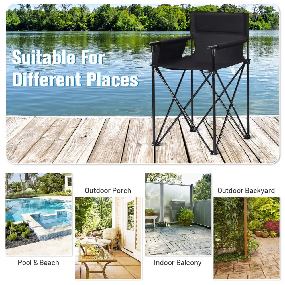 Portable 38 Inch Oversized High Camping Fishing Folding Chair - Black - Camping Furniture