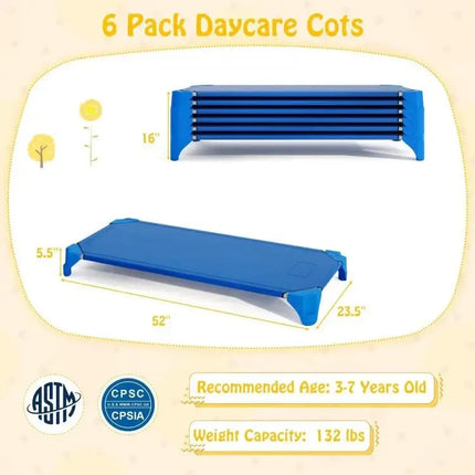 Portable 6 Pack Stackable Daycare Cots Sleeping Bed for Kids 52 InchBlue - Oasis Home Essentials