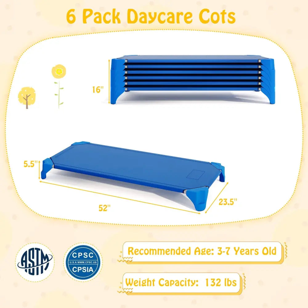 Portable 6 Pack Stackable Daycare Cots Sleeping Bed for Kids 52 Inch-Blue - Blue - Toddler Beds