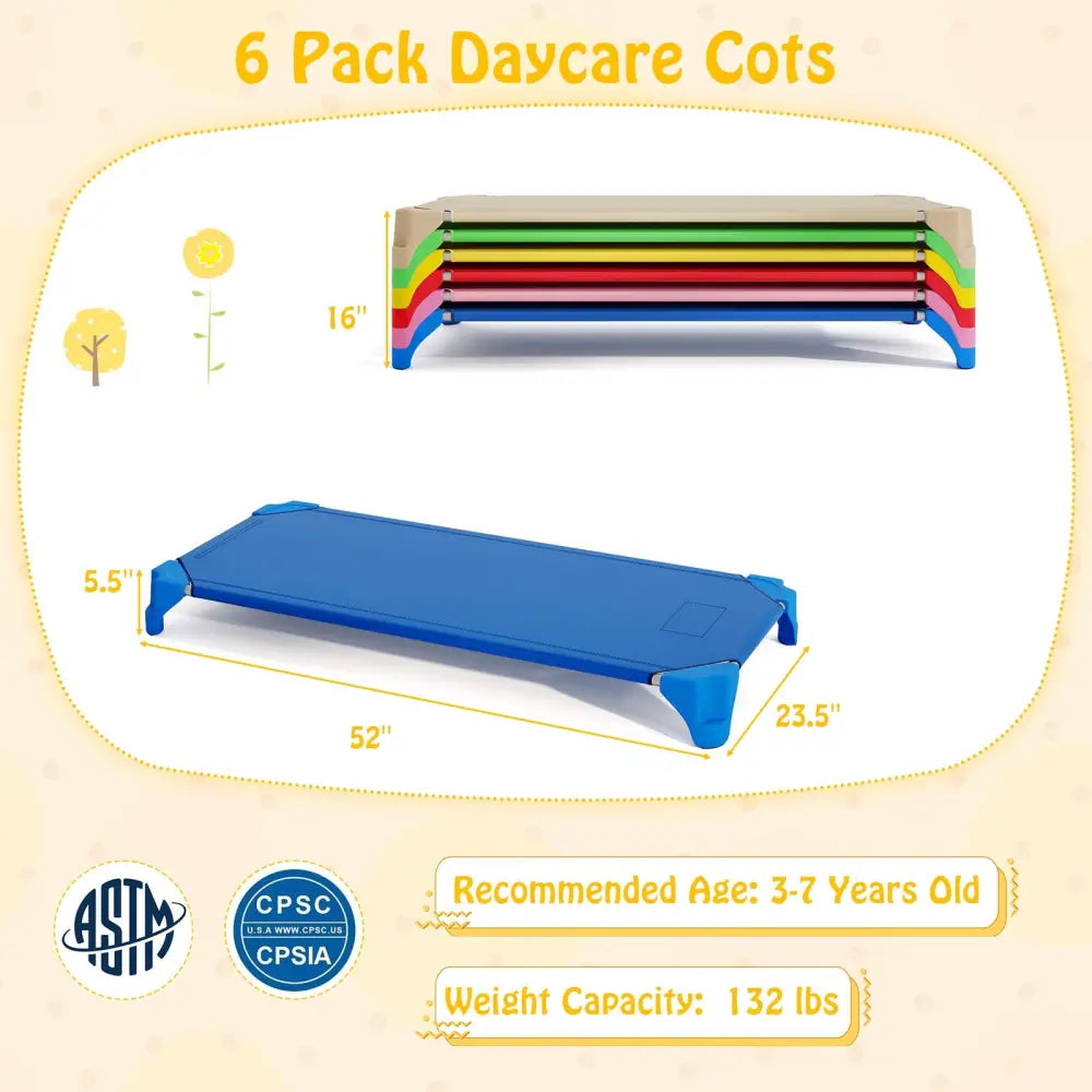 Portable 6 Pack Stackable Daycare Cots Sleeping Bed for Kids 52 Inch-Multicolor - Multicolor - Toddler Beds