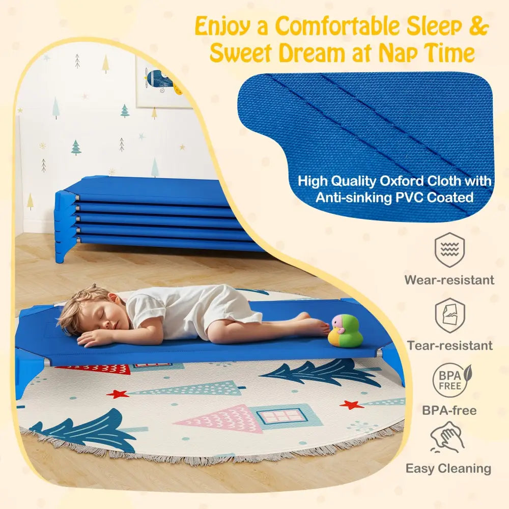 Portable 6 Pack Stackable Daycare Cots Sleeping Bed for Kids 52 Inch-Blue - Blue - Toddler Beds