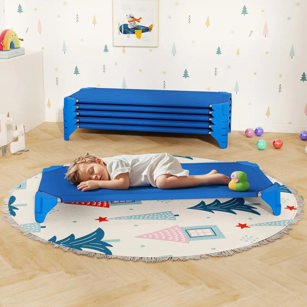 Portable 6 Pack Stackable Daycare Cots Sleeping Bed for Kids 52 Inch-Blue - Blue - Toddler Beds