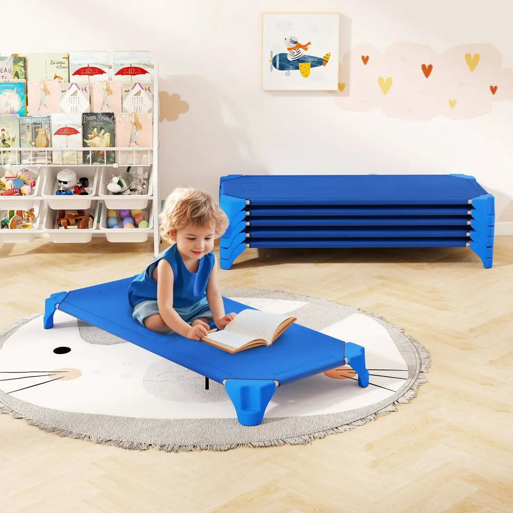Portable 6 Pack Stackable Daycare Cots Sleeping Bed for Kids 52 Inch-Blue - Blue - Toddler Beds