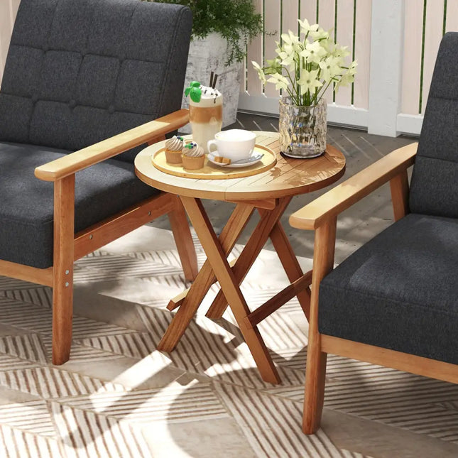 Portable and Compact Outdoor End Table with X-shaped Legs and Slatted Tabletop - Natural - Patio Coffee Tables