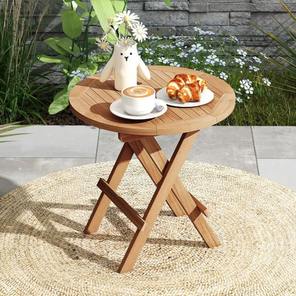 Portable and Compact Outdoor End Table with X-shaped Legs and Slatted Tabletop - Natural - Patio Coffee Tables