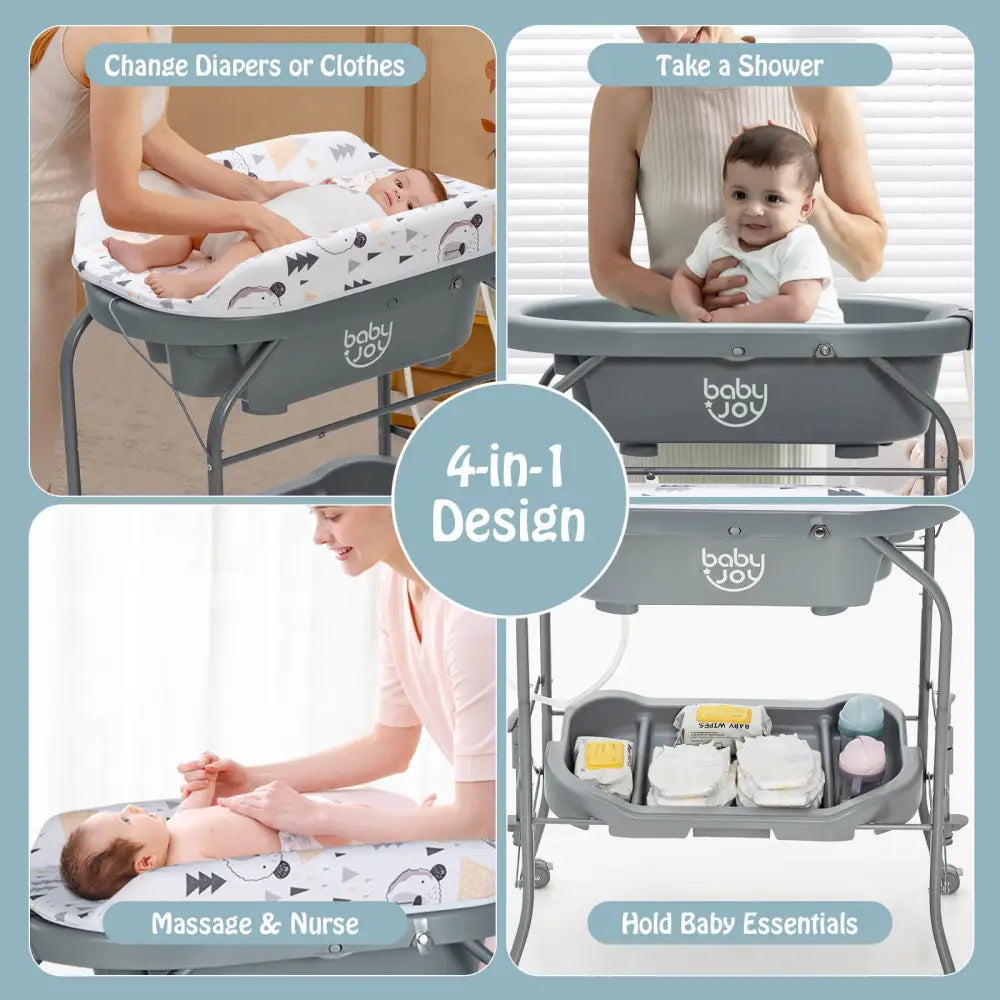 Portable Baby Changing Table with Storage Basket and Shelves-Gray - Gray - Changing Tables