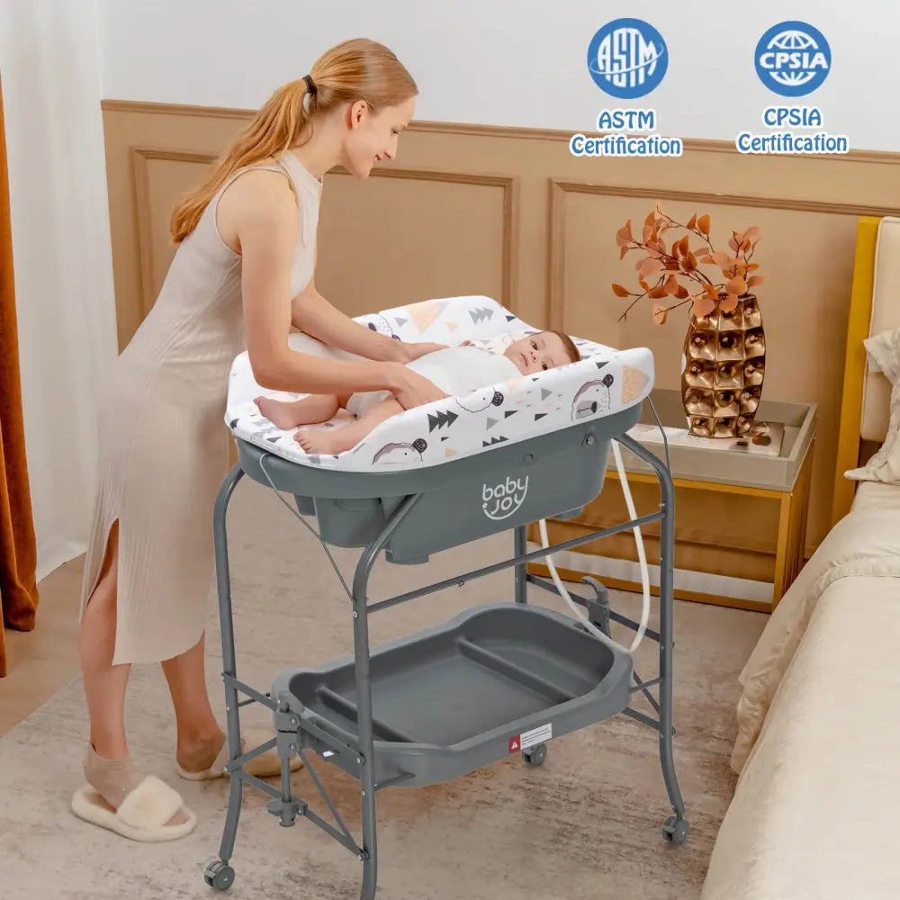 Portable Baby Changing Table with Storage Basket and Shelves-Gray - Gray - Changing Tables