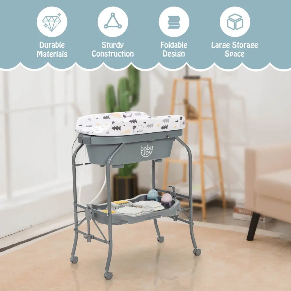 Portable Baby Changing Table with Storage Basket and Shelves-Gray - Gray - Changing Tables