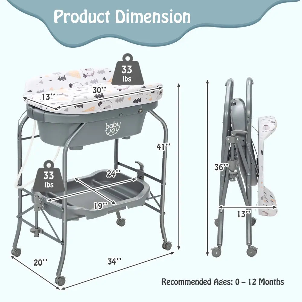 Portable Baby Changing Table with Storage Basket and Shelves-Gray - Gray - Changing Tables